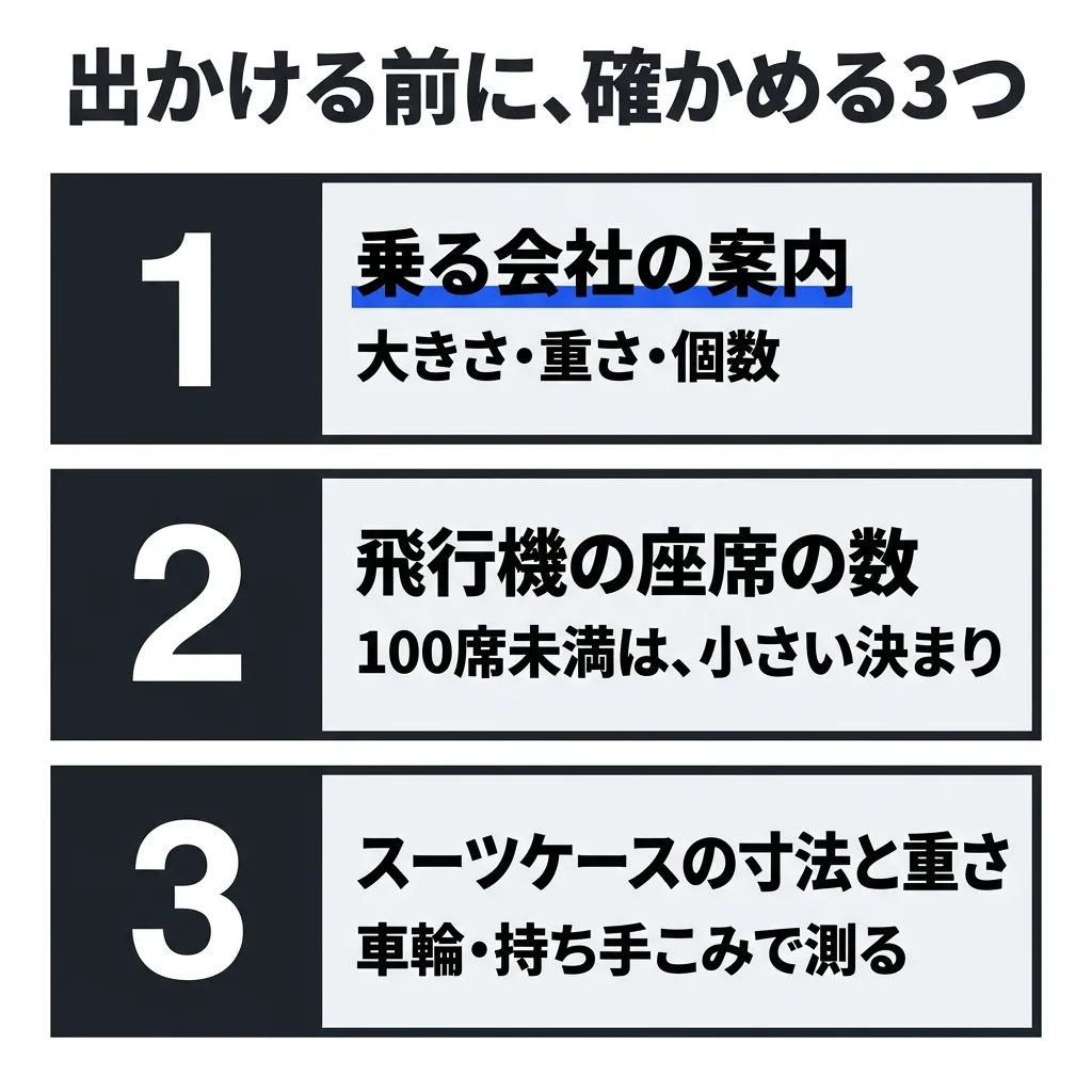 出かける前に、確かめる3つ。1つ目は、乗る会社の案内（大きさ・重さ・個数）。2つ目は、飛行機の座席の数（100席未満は、小さい決まり）。3つ目は、スーツケースの寸法と重さ（車輪・持ち手こみで測る）