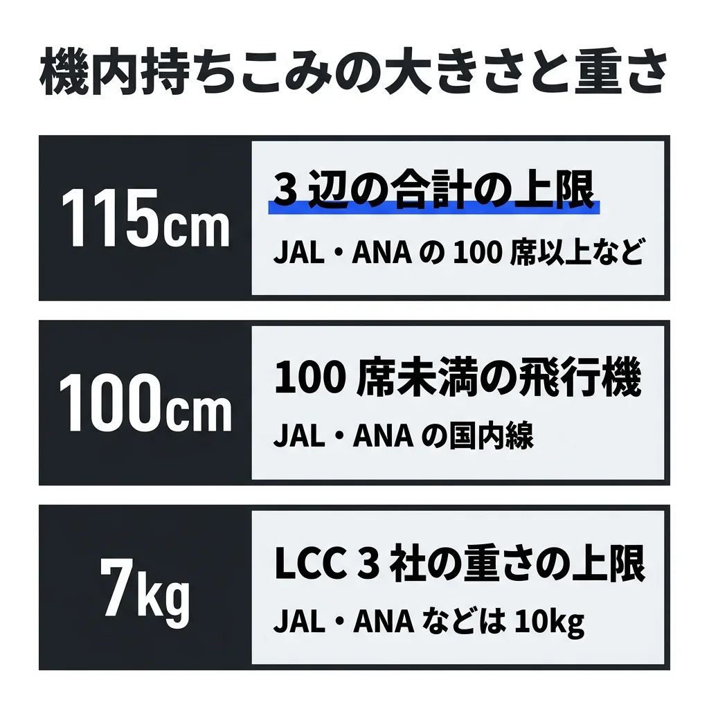 機内持ちこみの大きさと重さ。3辺の合計の上限は 115cm（JAL・ANA の100席以上など）。100席未満の飛行機は 100cm（JAL・ANA の国内線）。LCC 3社の重さの上限は 7kg（JAL・ANA などは 10kg）