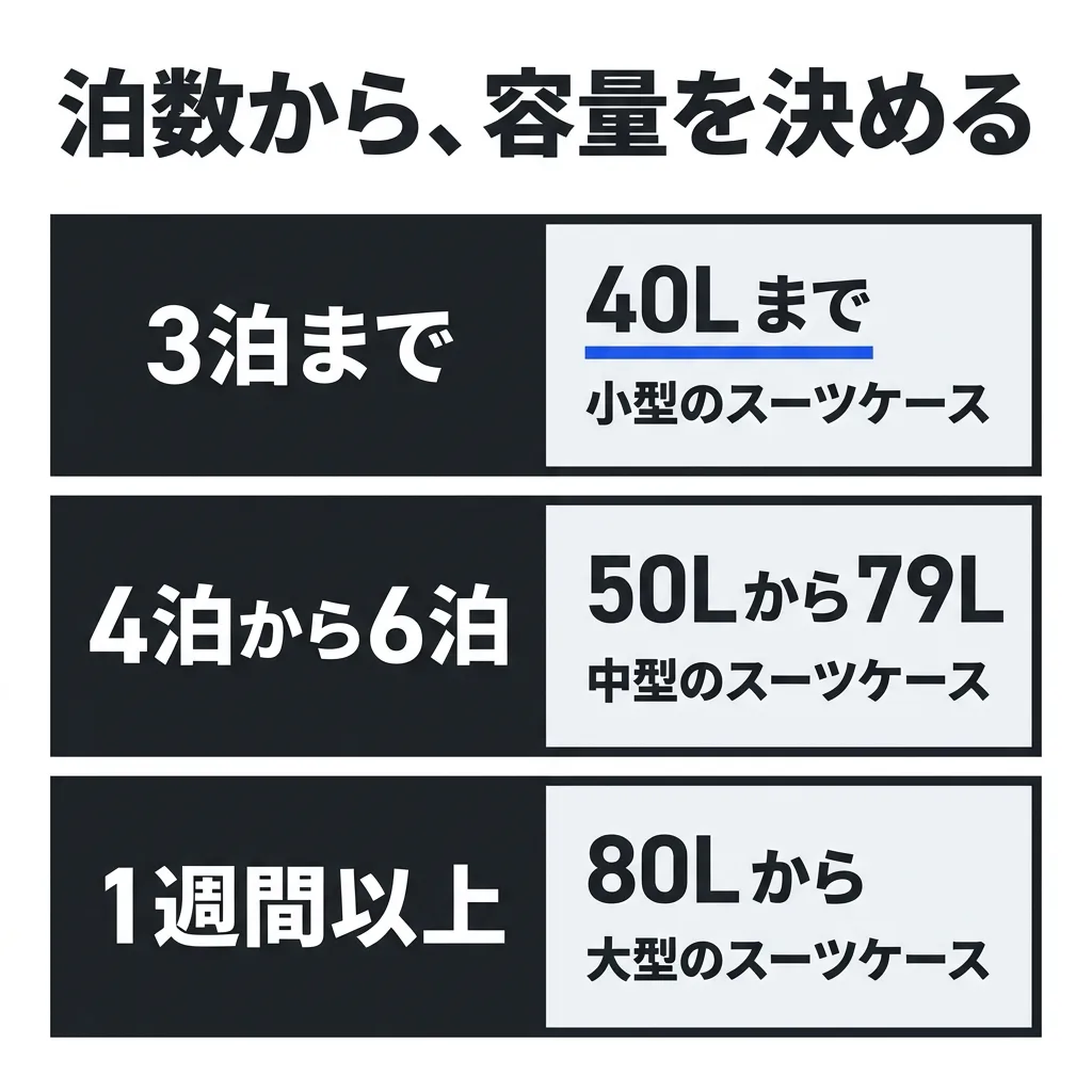 泊数から決める、スーツケースの容量のめやす。3泊までは、40L までの小型。4泊から6泊は、50L から 79L の中型。1週間以上は、80L からの大型