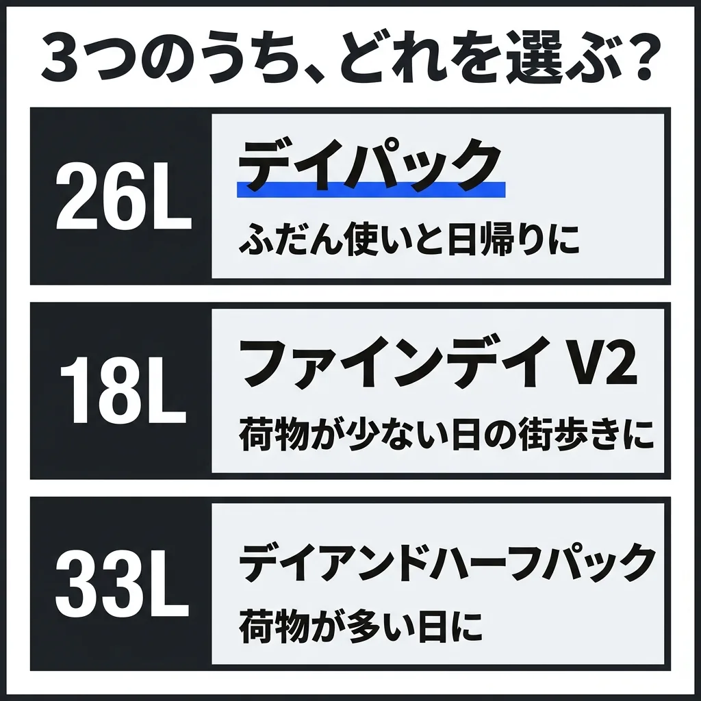 3つのうち、どれを選ぶか。26L のデイパックは、ふだん使いと日帰りに。18L のファインデイ V2 は、荷物が少ない日の街歩きに。33L のデイアンドハーフパックは、荷物が多い日に