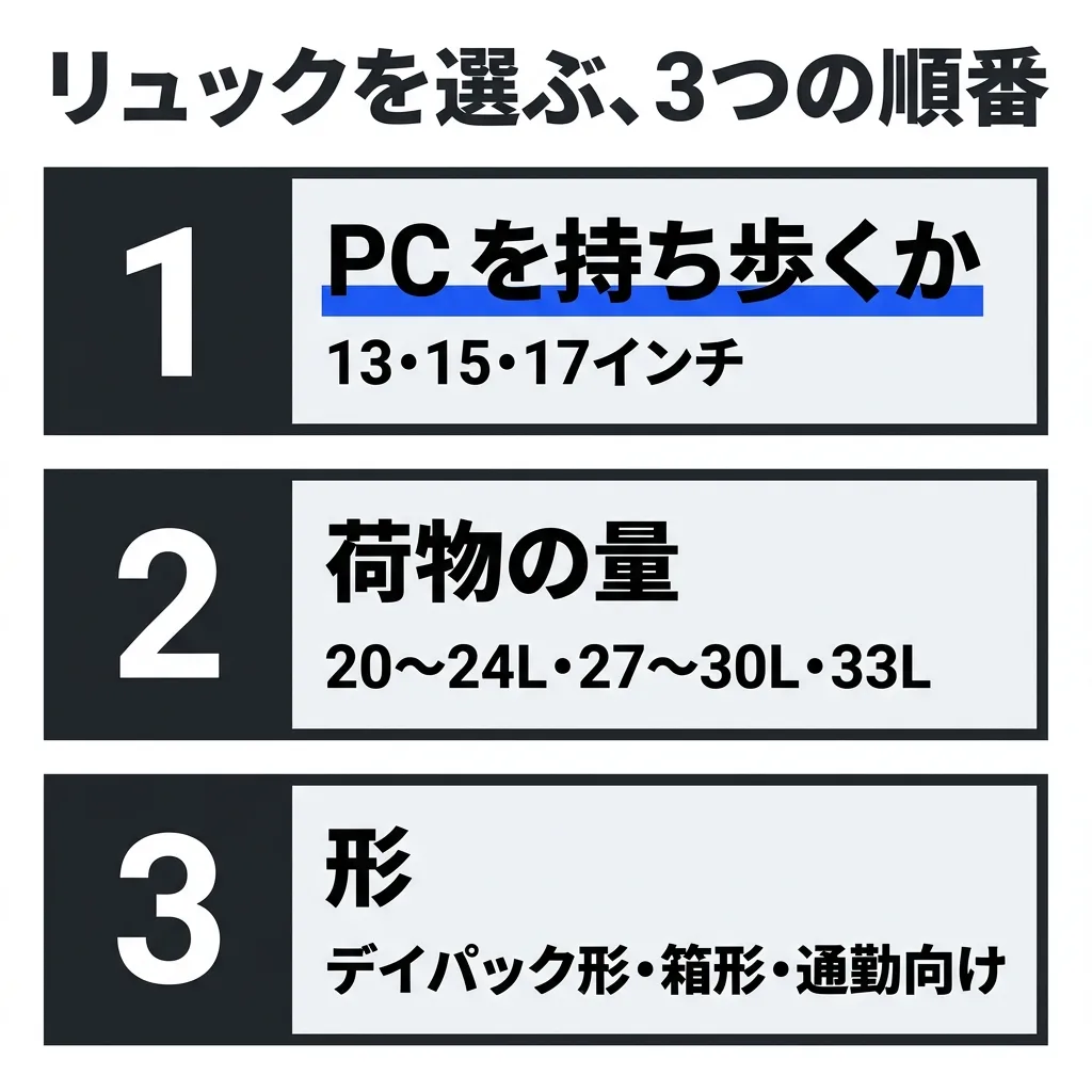 ザ・ノース・フェイスのリュックを選ぶ順番。1つ目は、PC を持ち歩くか。入る大きさは、13・15・17インチ。2つ目は、荷物の量。20〜24L・27〜30L・33L。3つ目は、形。デイパック形・箱形・通勤向け