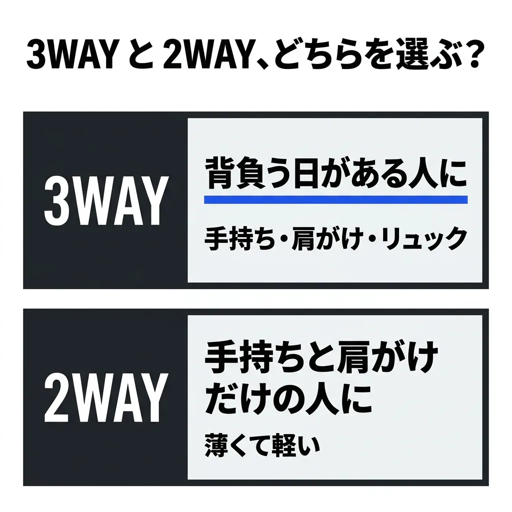 3WAY と 2WAY の、どちらを選ぶか。3WAY は、背負う日がある人に。手持ち・肩がけ・リュックの3通り。2WAY は、手持ちと肩がけだけの人に。薄くて軽い