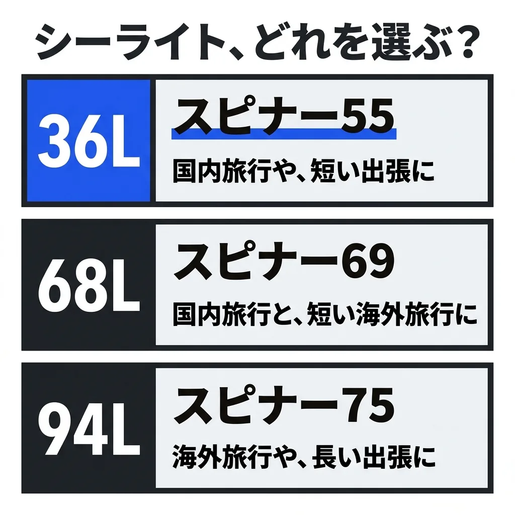シーライトの3つのうち、どれを選ぶか。36L のスピナー55 は、国内旅行や短い出張に。68L のスピナー69 は、国内旅行と短い海外旅行に。94L のスピナー75 は、海外旅行や長い出張に